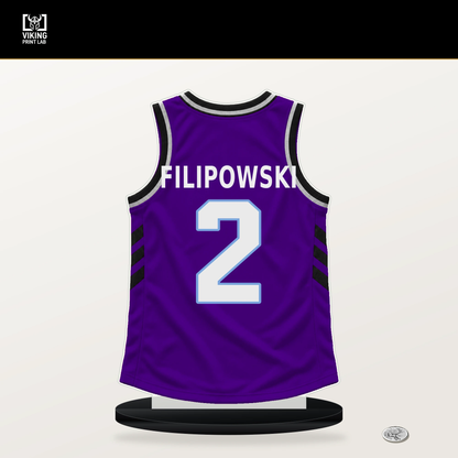 Kyle Filipowski number 2 Utah Jazz jersey stand with included black base.