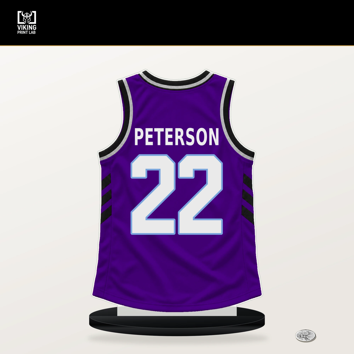 Darryn Peterson number 22 Utah Jazz jersey stand with included black base.