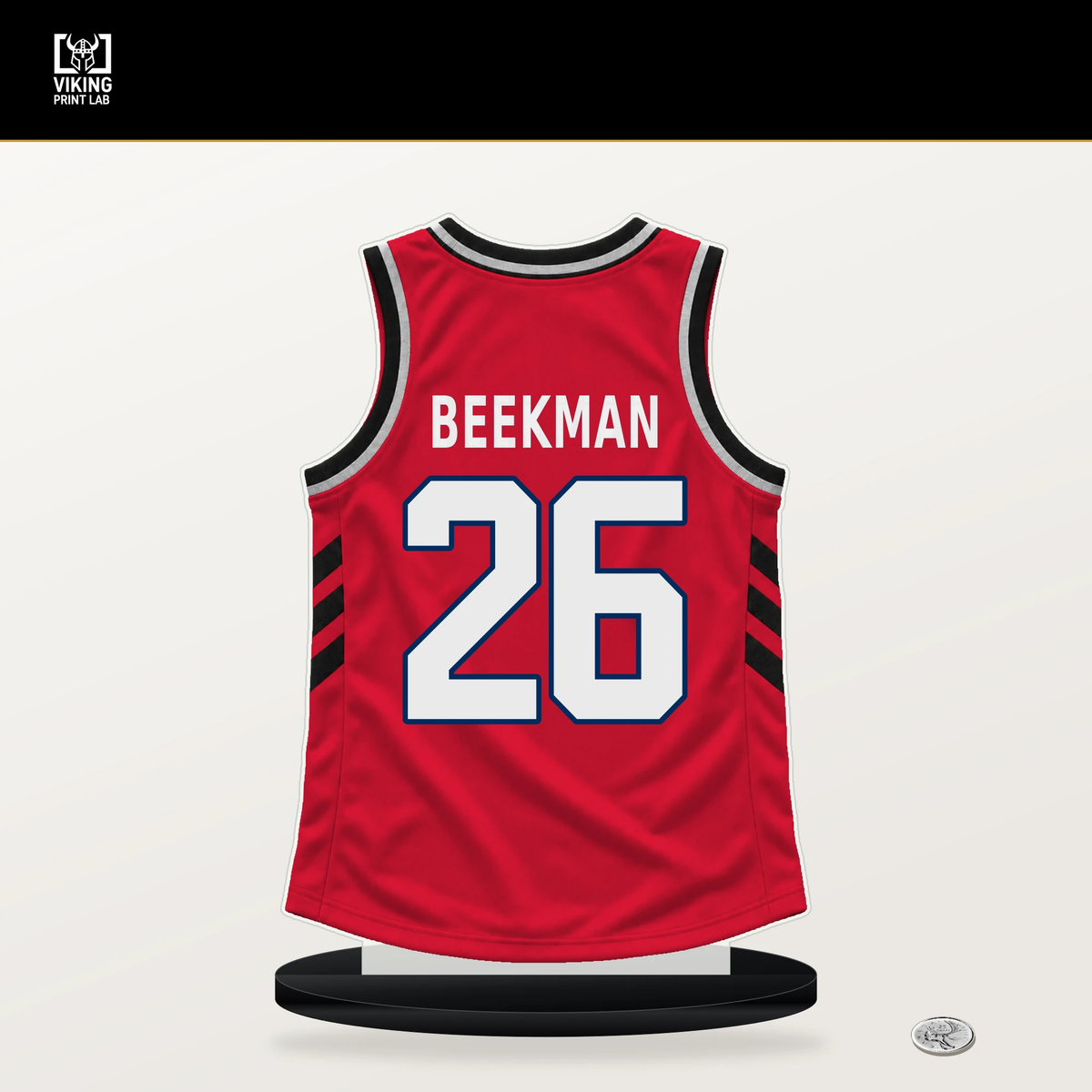 Reece Beekman number 26 Washington Wizards jersey stand with included black base.