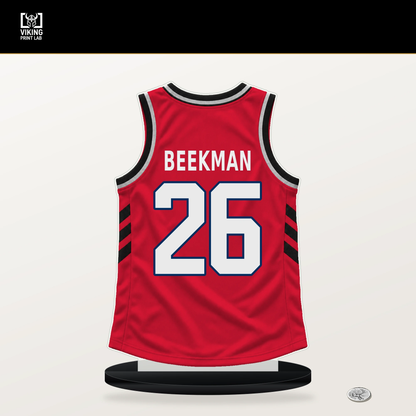 Reece Beekman number 26 Washington Wizards jersey stand with included black base.