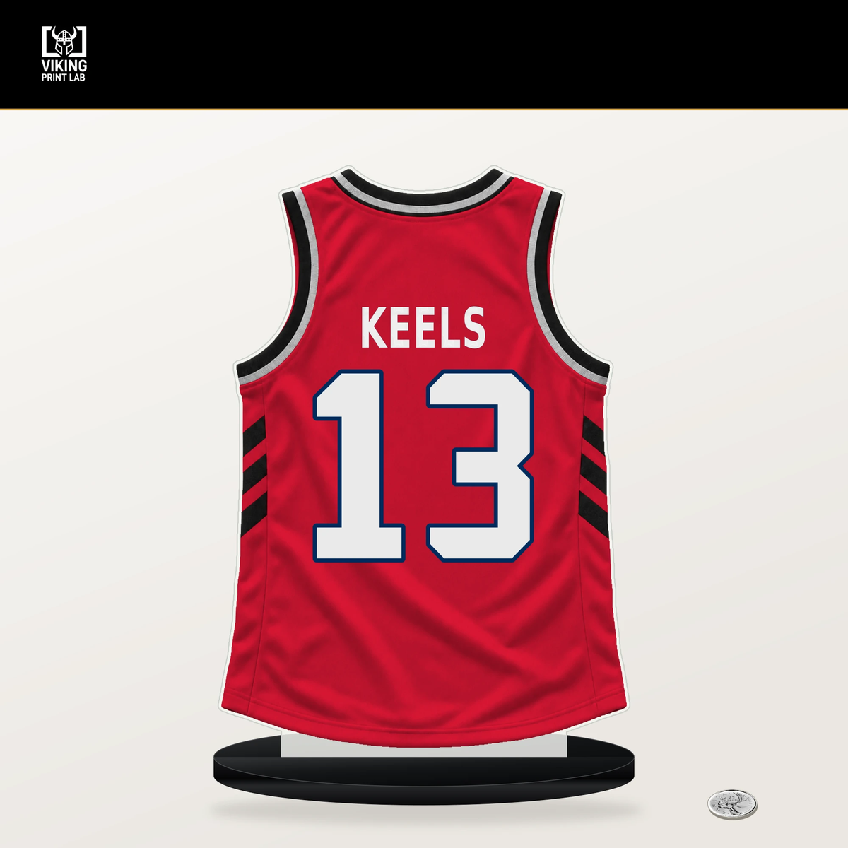 Trevor Keels number 13 Washington Wizards jersey stand with included black base.