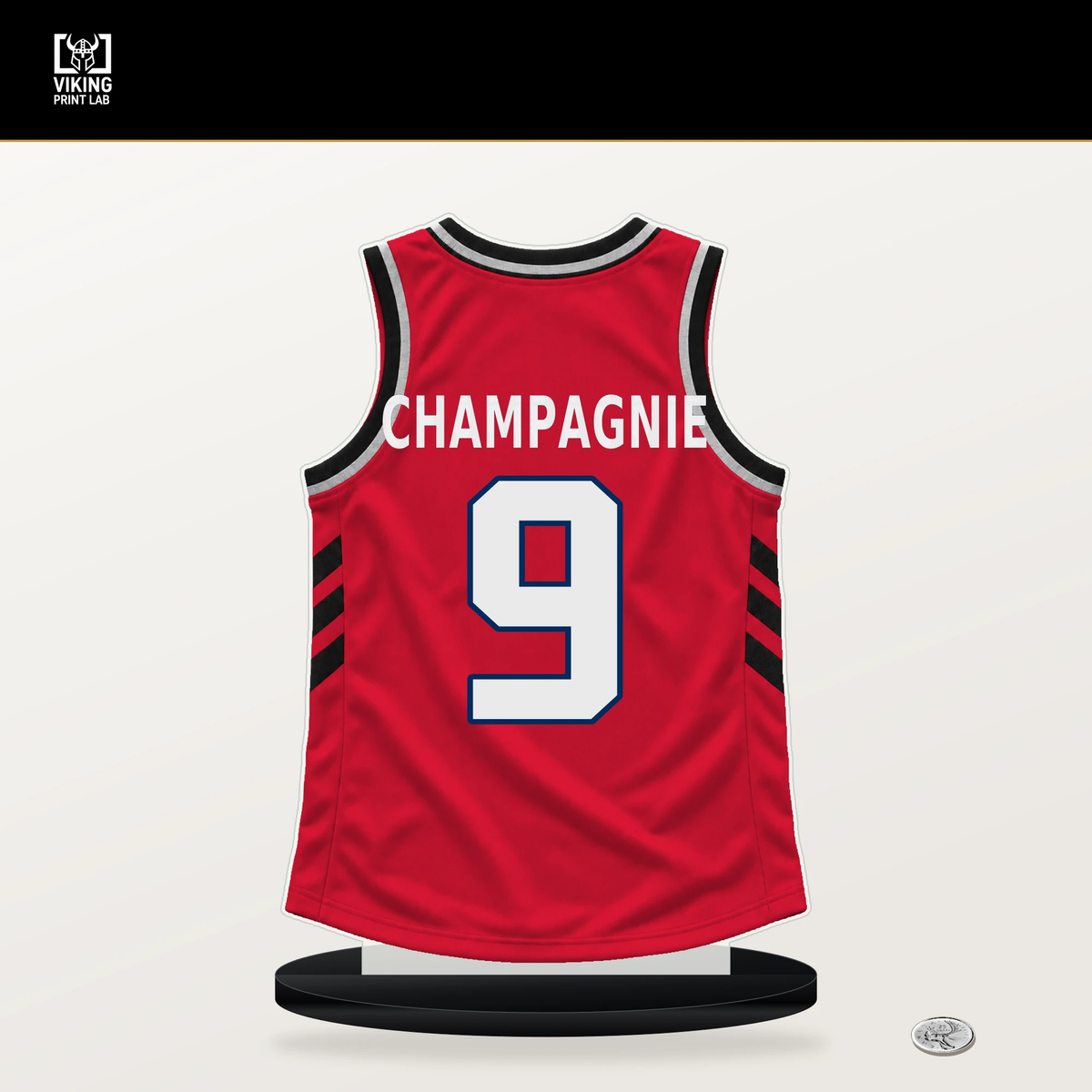 Justin Champagnie number 9 Washington Wizards jersey stand with included black base.