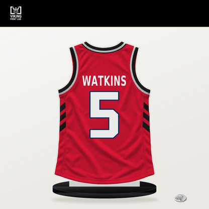 Jamir Watkins number 5 Washington Wizards jersey stand with included black base.