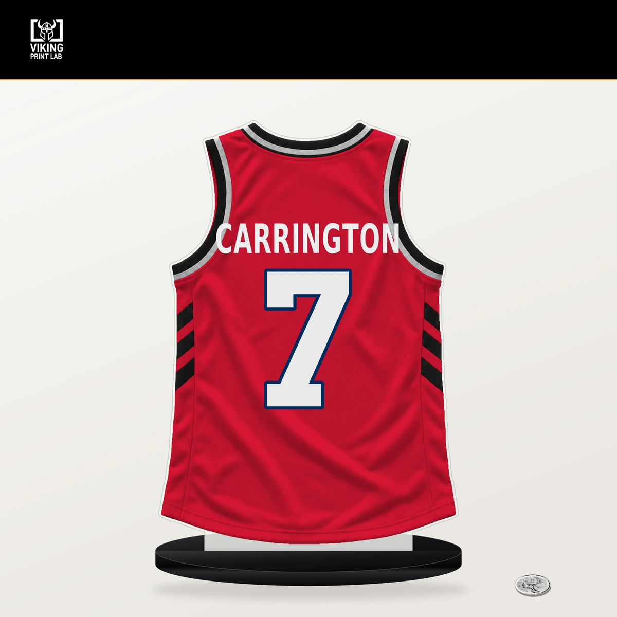 Bub Carrington number 7 Washington Wizards jersey stand with included black base.