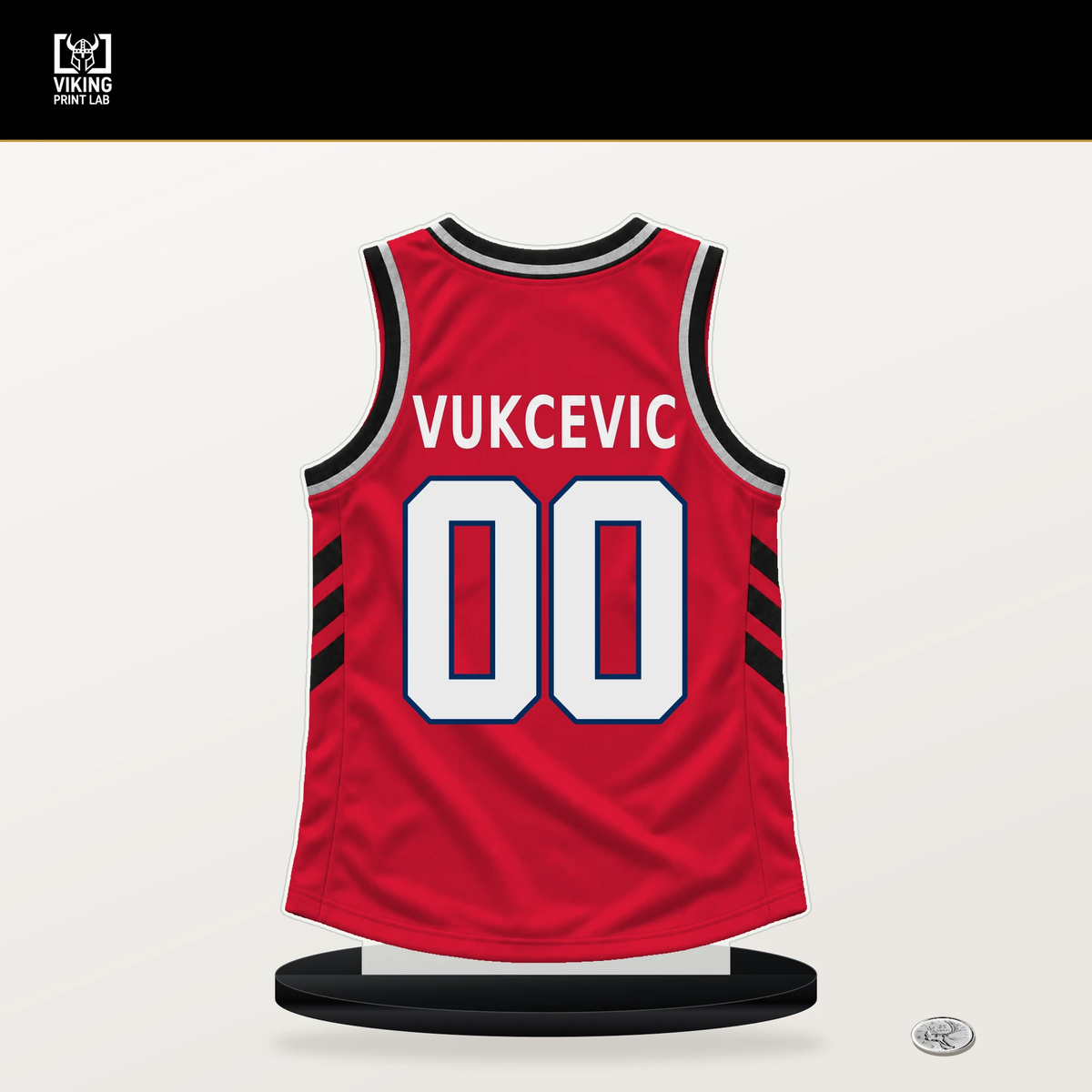 Tristan Vukcevic number 00 Washington Wizards jersey stand with included black base.