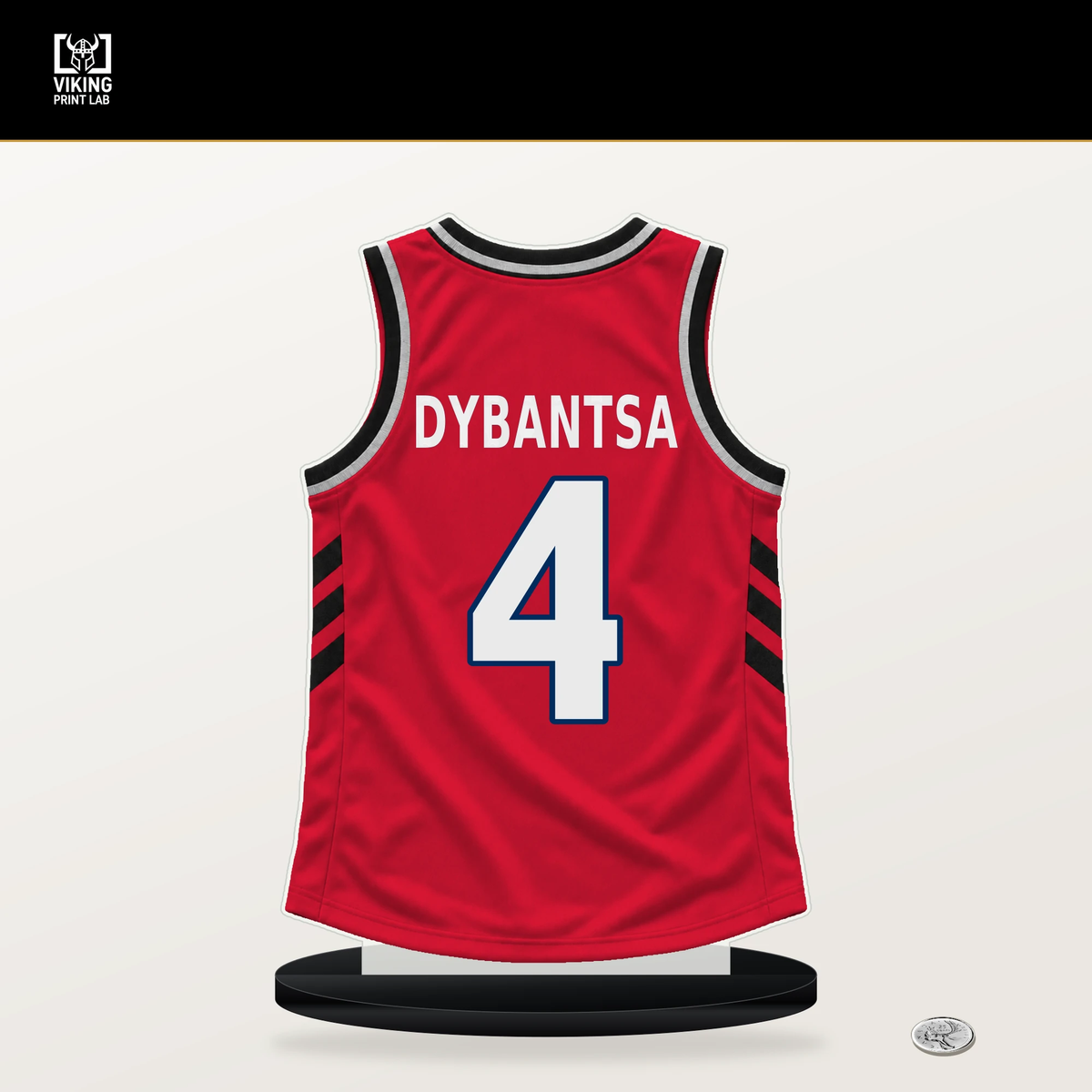 AJ Dybantsa number 4 Washington Wizards jersey stand with included black base.