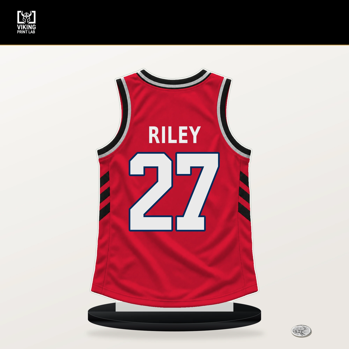 Will Riley number 27 Washington Wizards jersey stand with included black base.