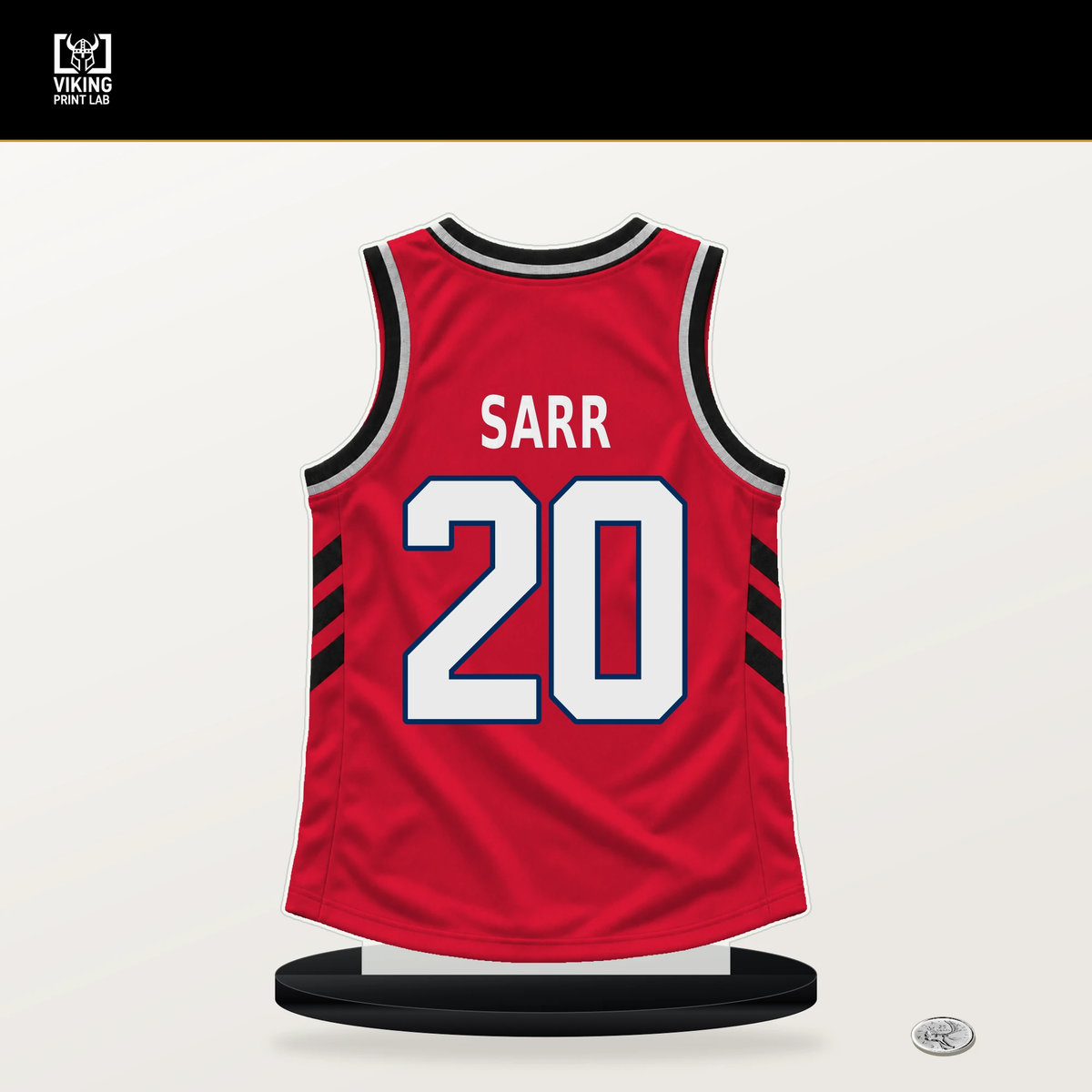 Alex Sarr number 20 Washington Wizards jersey stand with included black base.