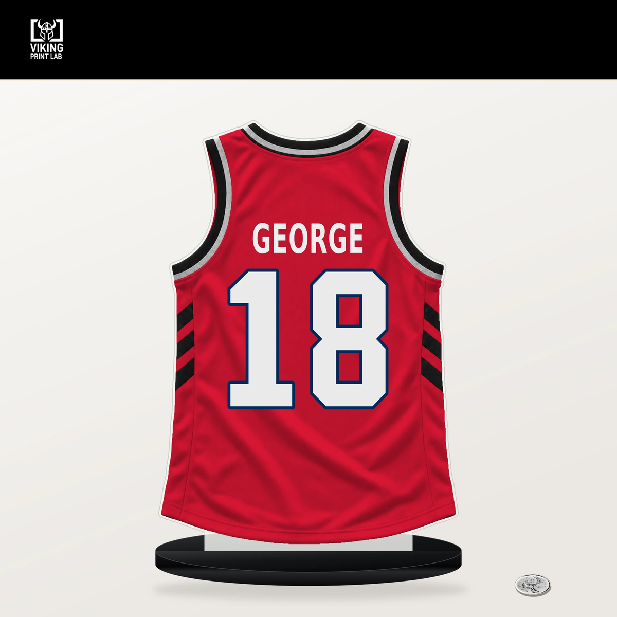 Kyshawn George number 18 Washington Wizards jersey stand with included black base.