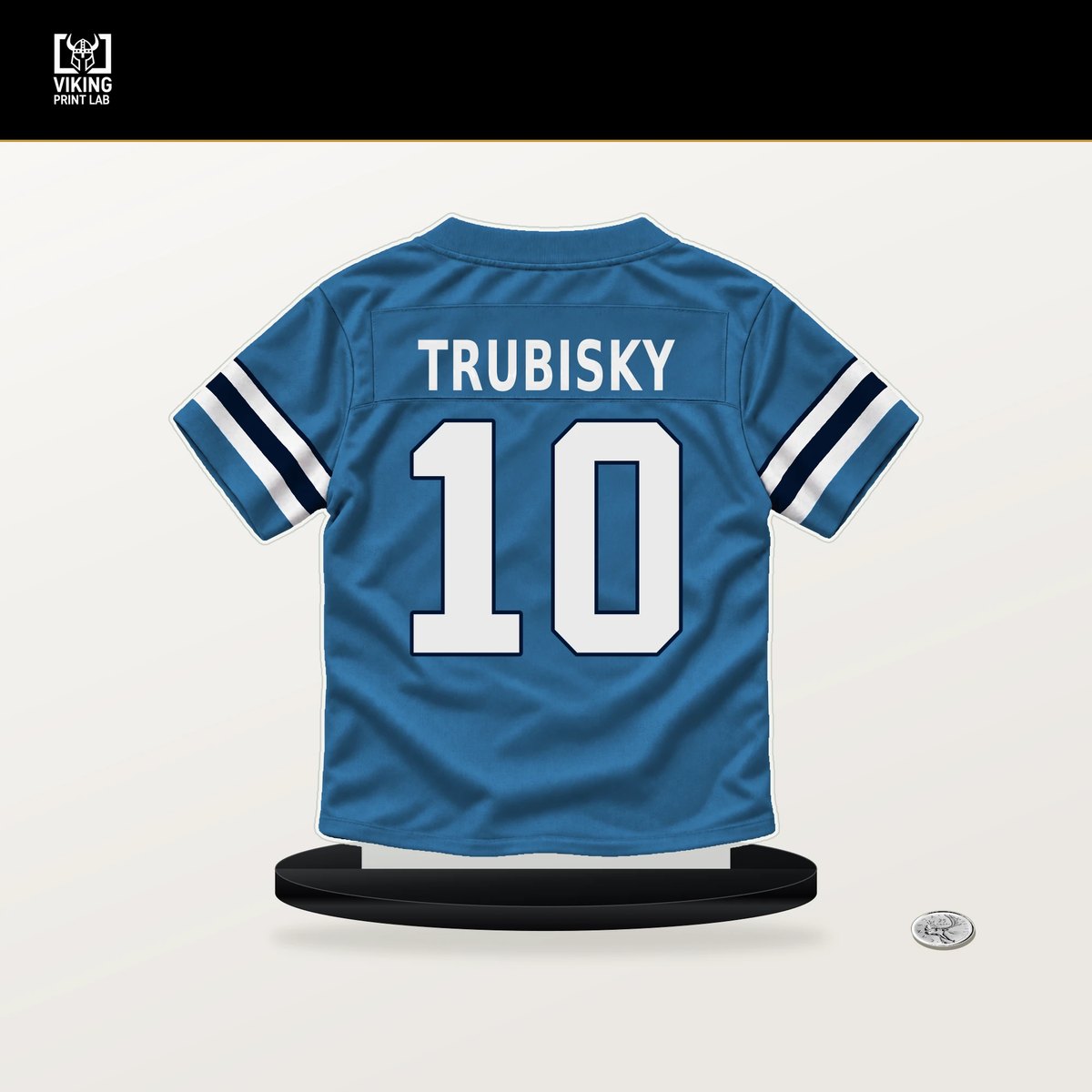 Mitchell Trubisky number 10 Tennessee Titans jersey stand with included black base.