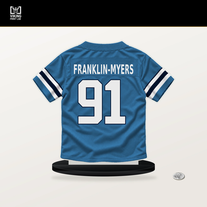 John Franklin-Myers number 91 Tennessee Titans jersey stand with included black base.