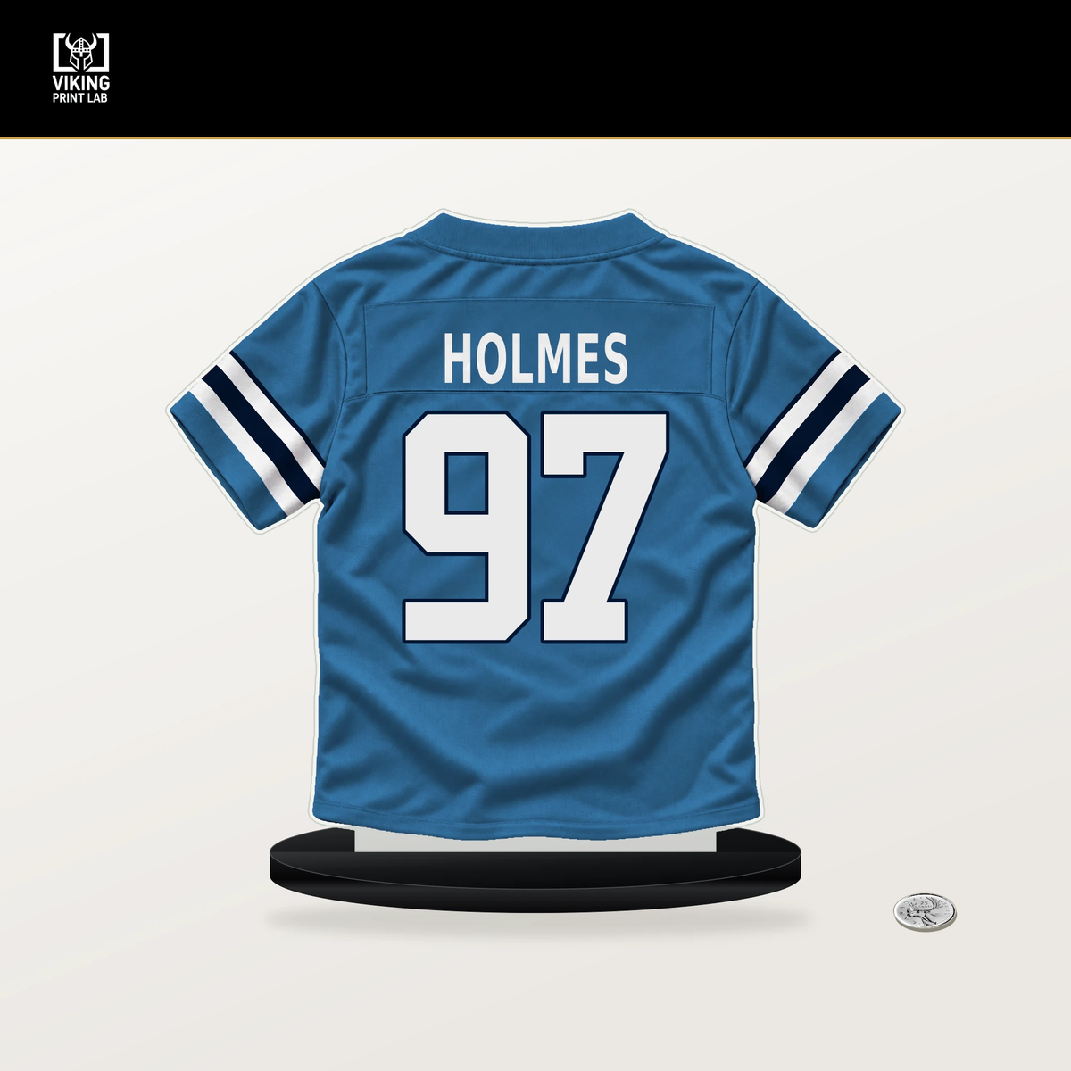 Jalyn Holmes number 97 Tennessee Titans jersey stand with included black base.