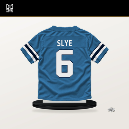 Joey Slye number 6 Tennessee Titans jersey stand with included black base.