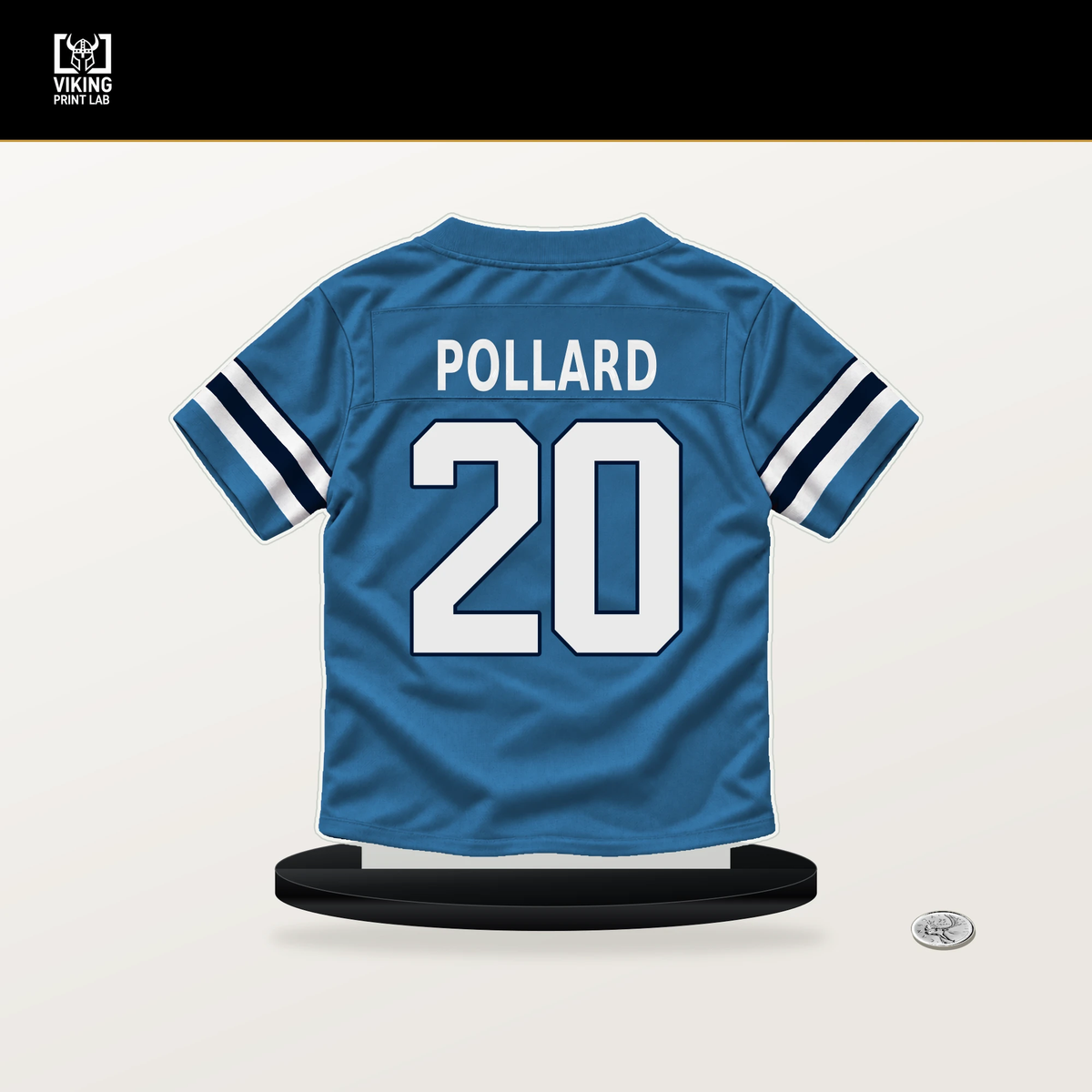Tony Pollard number 20 Tennessee Titans jersey stand with included black base.