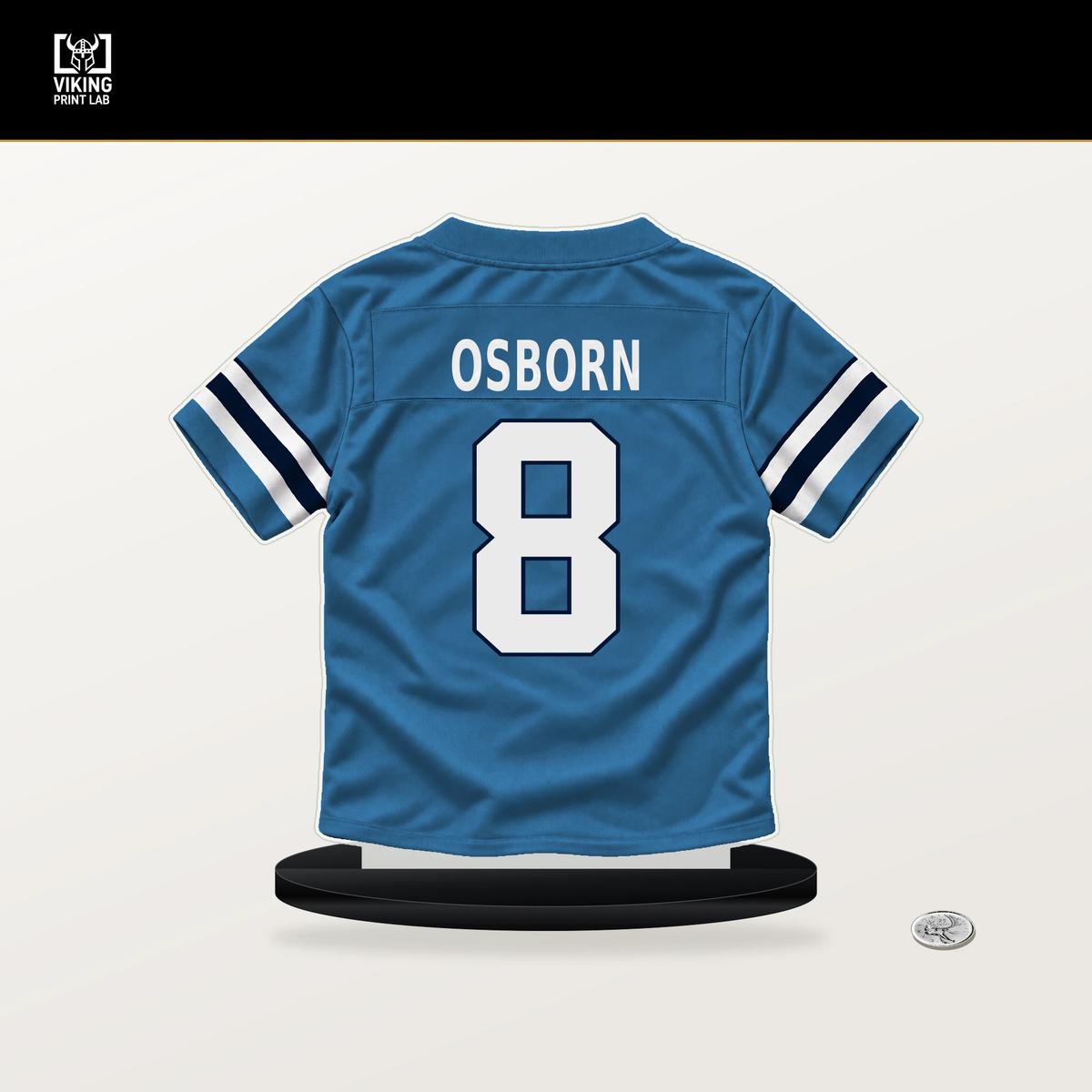 K.J. Osborn number 8 Tennessee Titans jersey stand with included black base.