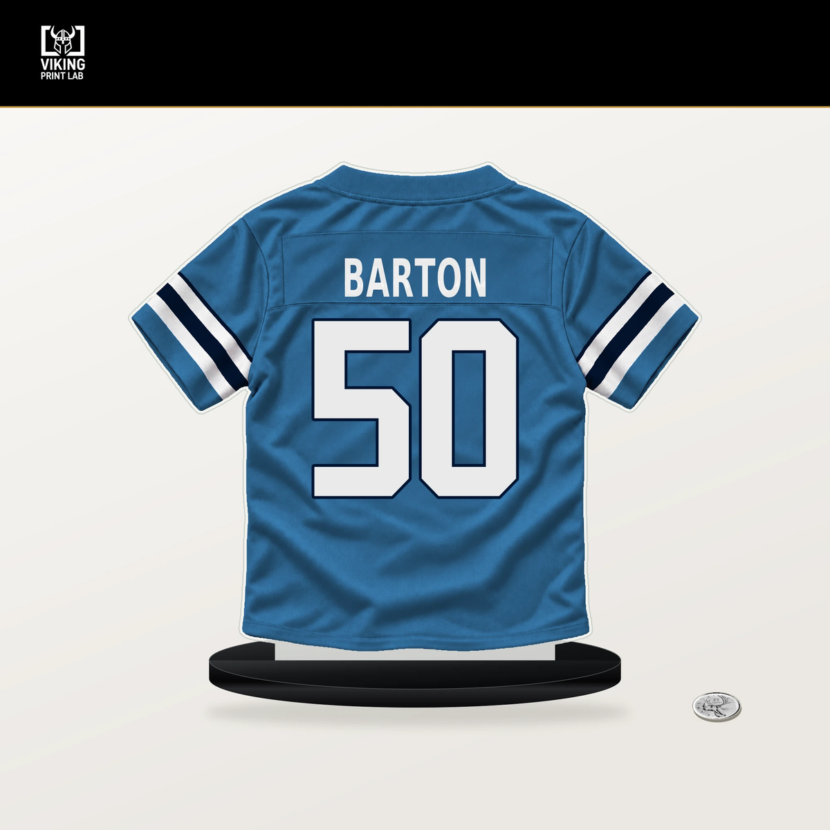 Cody Barton number 50 Tennessee Titans jersey stand with included black base.