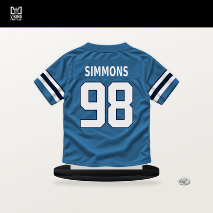 Jeffery Simmons number 98 Tennessee Titans jersey stand with included black base.