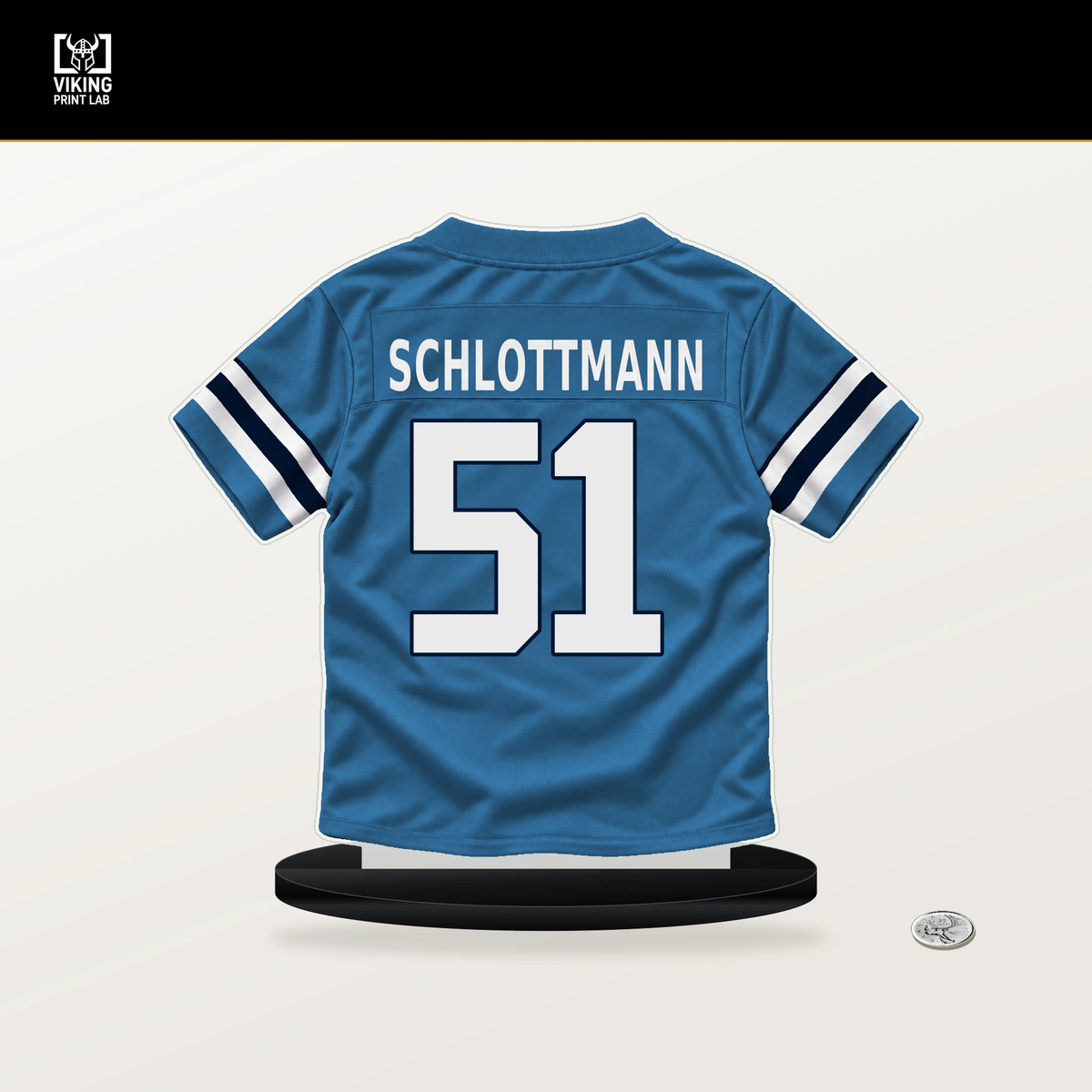 Austin Schlottmann number 51 Tennessee Titans jersey stand with included black base.