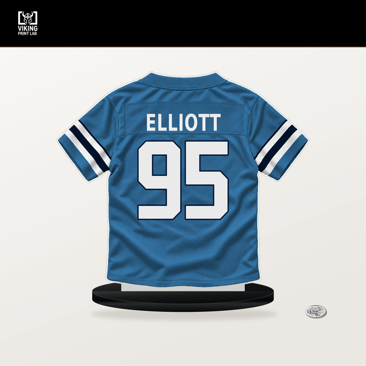 Jordan Elliott number 95 Tennessee Titans jersey stand with included black base.