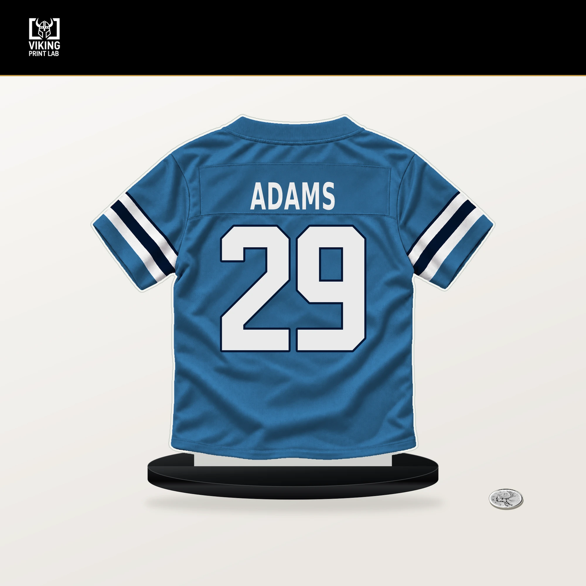 Tony Adams number 29 Tennessee Titans jersey stand with included black base.