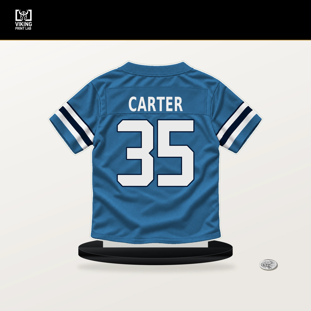 Michael Carter number 35 Tennessee Titans jersey stand with included black base.