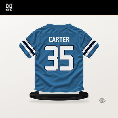 Michael Carter number 35 Tennessee Titans jersey stand with included black base.