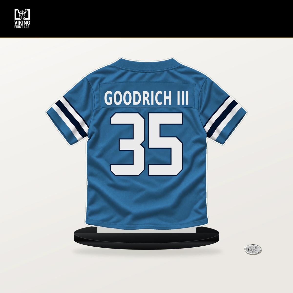 Mario Goodrich III number 35 Tennessee Titans jersey stand with included black base.