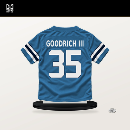 Mario Goodrich III number 35 Tennessee Titans jersey stand with included black base.