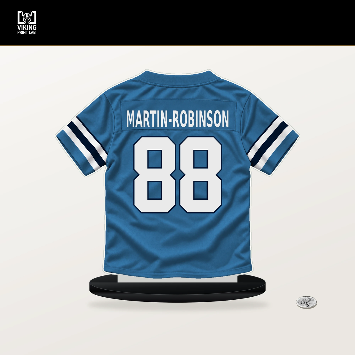 David Martin-Robinson number 88 Tennessee Titans jersey stand with included black base.