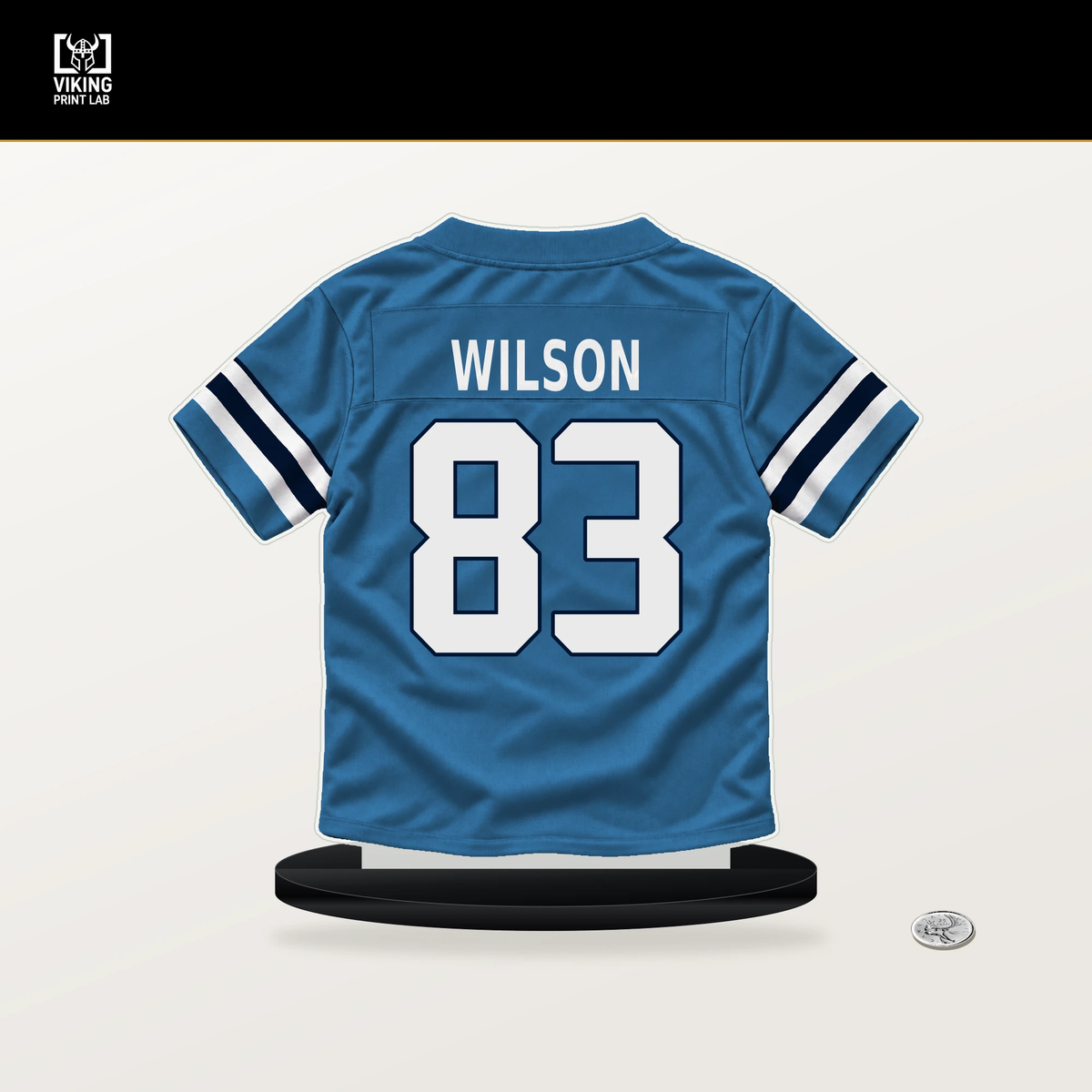 Joel Wilson number 83 Tennessee Titans jersey stand with included black base.