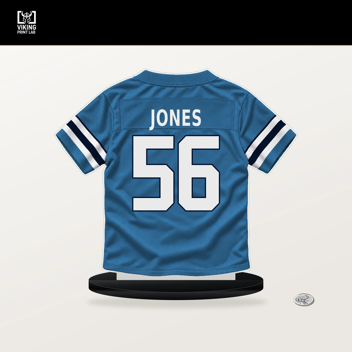 Truman Jones number 56 Tennessee Titans jersey stand with included black base.