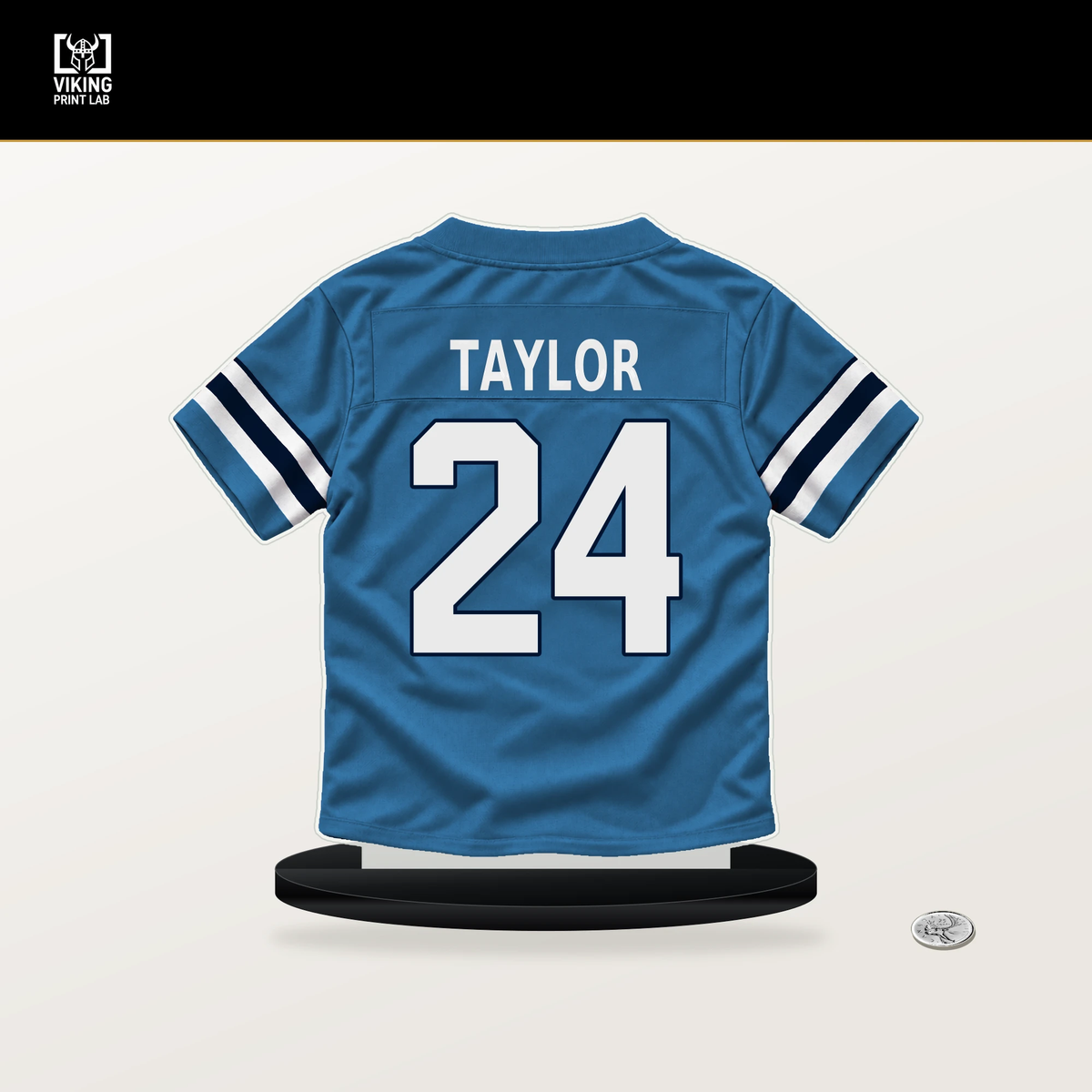 Alontae Taylor number 24 Tennessee Titans jersey stand with included black base.
