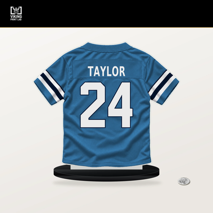 Alontae Taylor number 24 Tennessee Titans jersey stand with included black base.