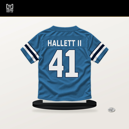 Erick Hallett II number 41 Tennessee Titans jersey stand with included black base.