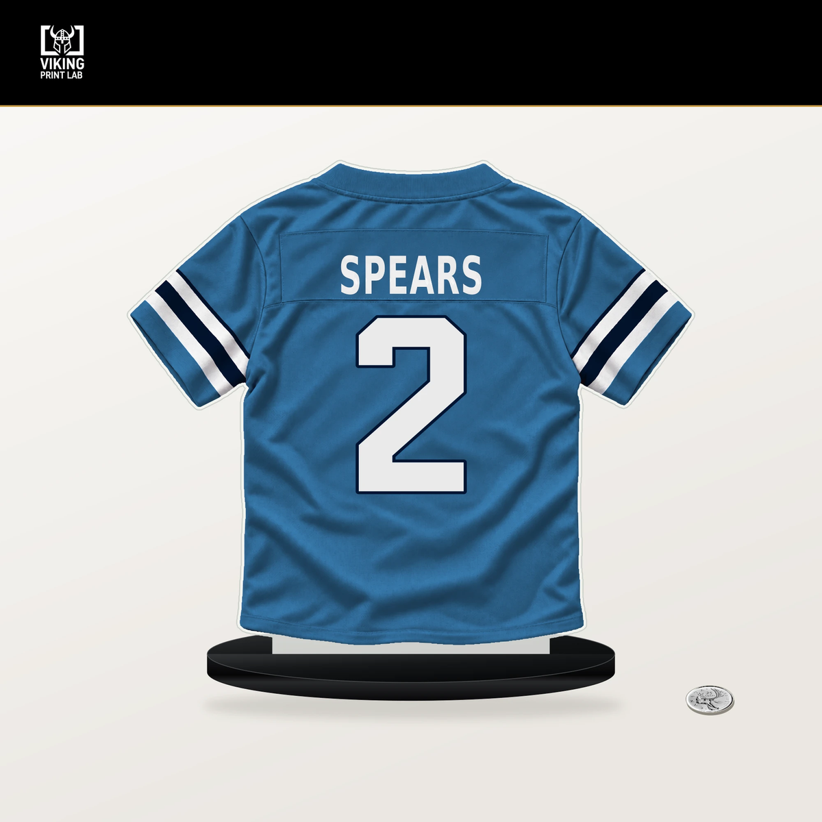 Tyjae Spears number 2 Tennessee Titans jersey stand with included black base.