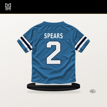 Tyjae Spears number 2 Tennessee Titans jersey stand with included black base.