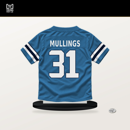 Kalel Mullings number 31 Tennessee Titans jersey stand with included black base.