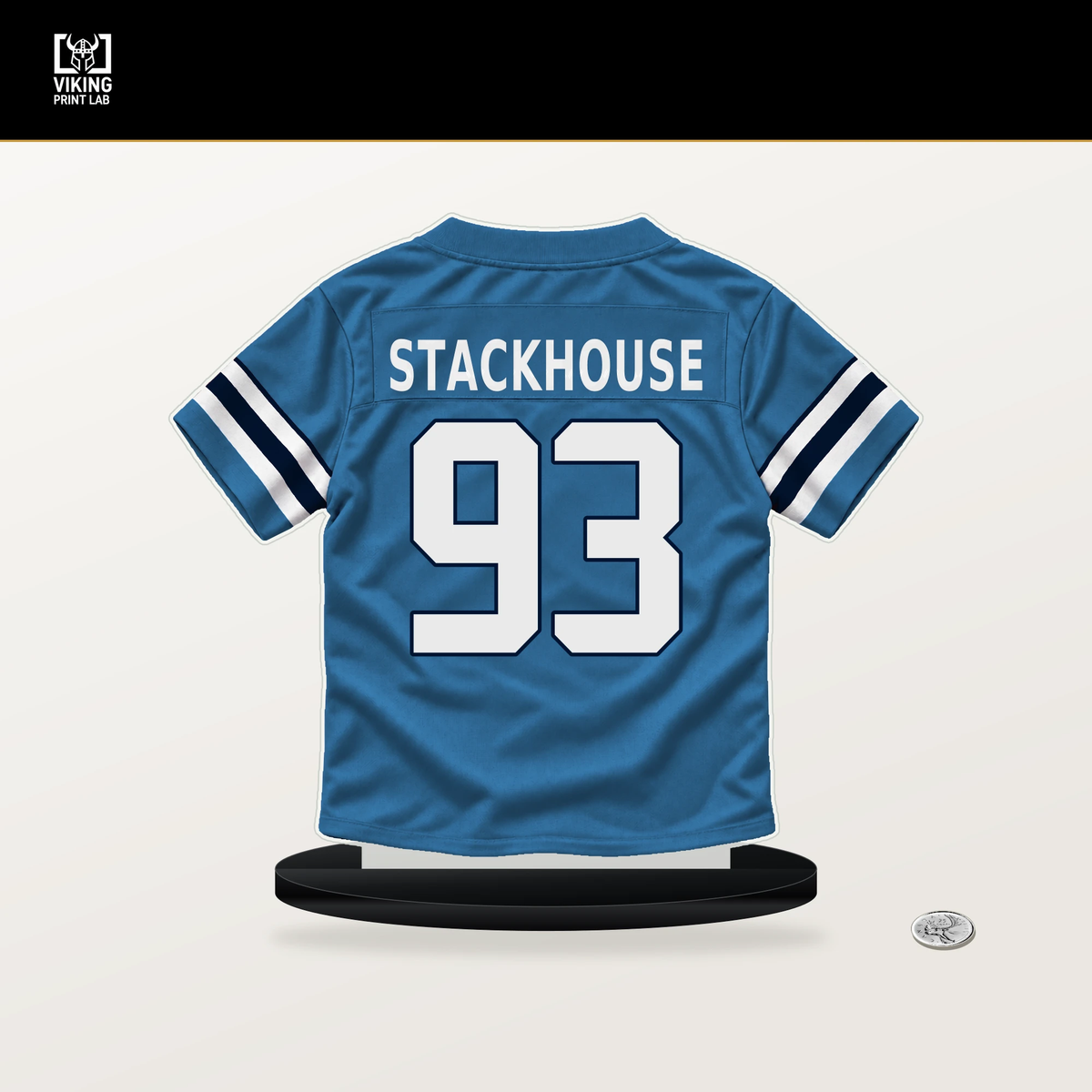Nazir Stackhouse number 93 Tennessee Titans jersey stand with included black base.
