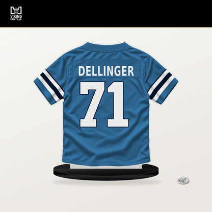 Garrett Dellinger number 71 Tennessee Titans jersey stand with included black base.