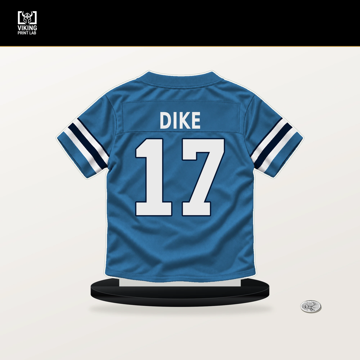 Chimere Dike number 17 Tennessee Titans jersey stand with included black base.