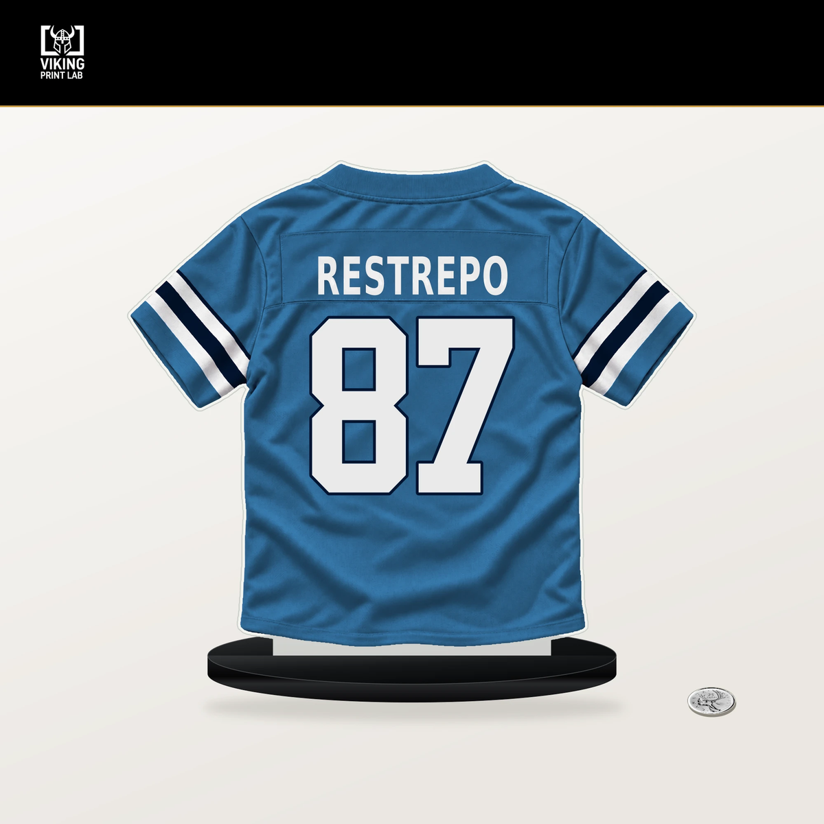 Xavier Restrepo number 87 Tennessee Titans jersey stand with included black base.