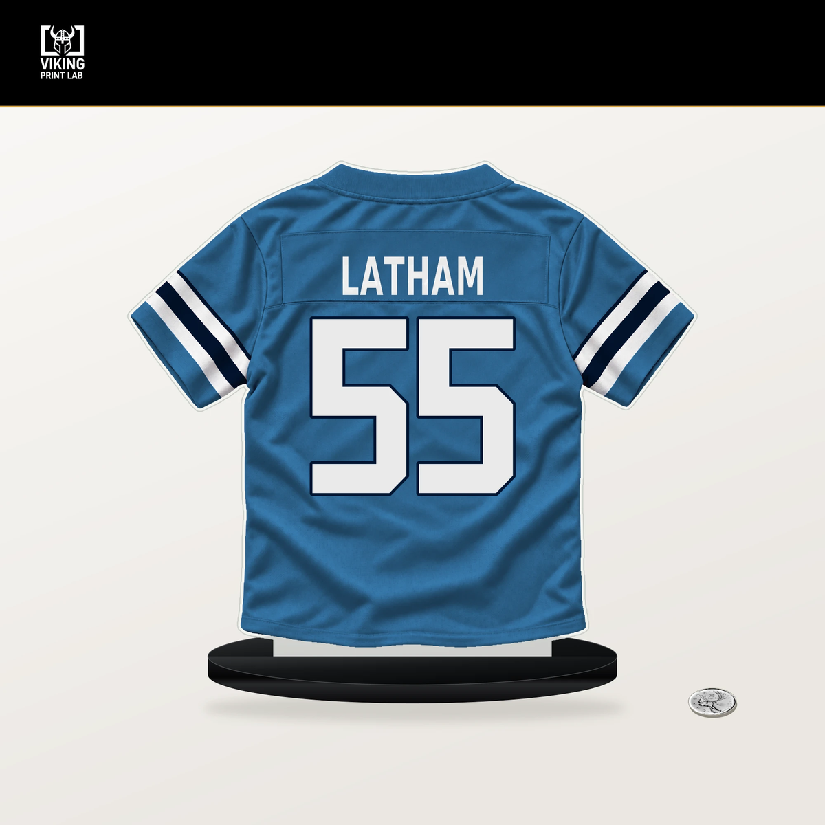 JC Latham number 55 Tennessee Titans jersey stand with included black base.