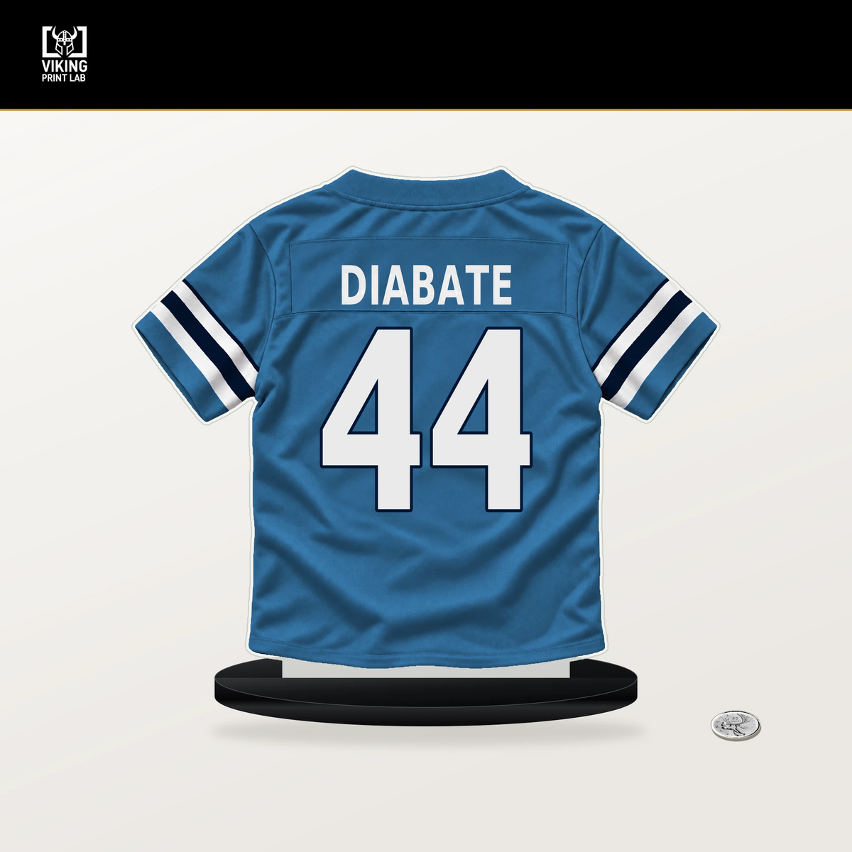 Mohamoud Diabate number 44 Tennessee Titans jersey stand with included black base.