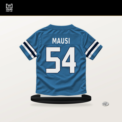 Dorian Mausi number 54 Tennessee Titans jersey stand with included black base.