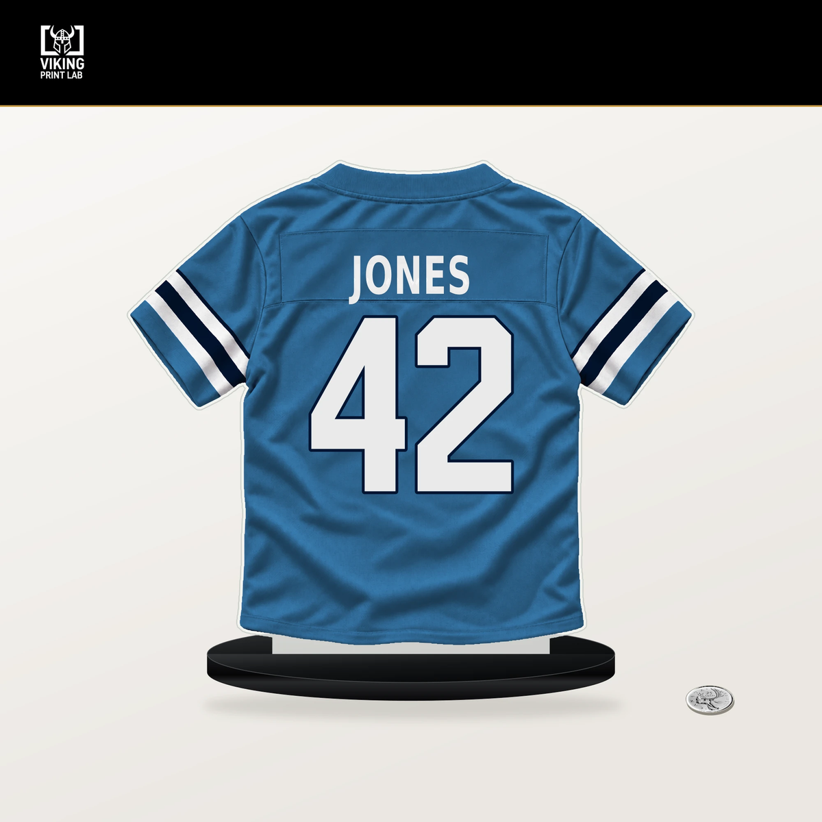 Jaylon Jones number 42 Tennessee Titans jersey stand with included black base.