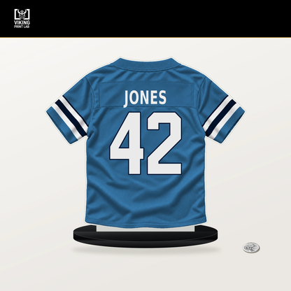 Jaylon Jones number 42 Tennessee Titans jersey stand with included black base.