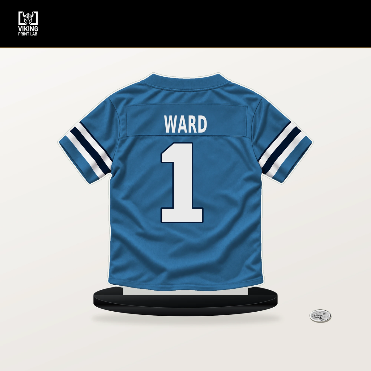 Cam Ward number 1 Tennessee Titans jersey stand with included black base.