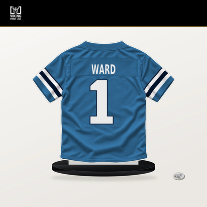 Cam Ward number 1 Tennessee Titans jersey stand with included black base.