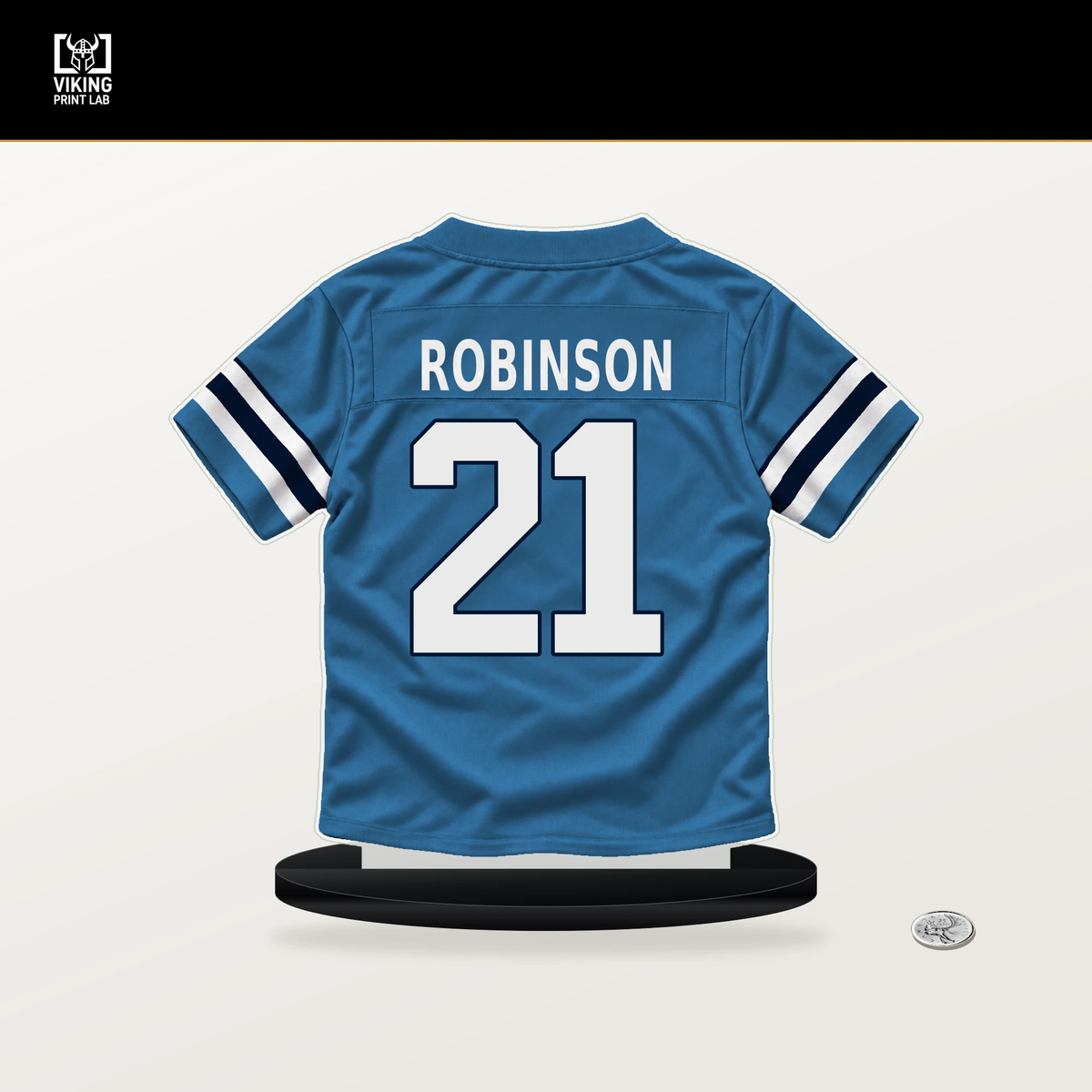 Micah Robinson number 21 Tennessee Titans jersey stand with included black base.