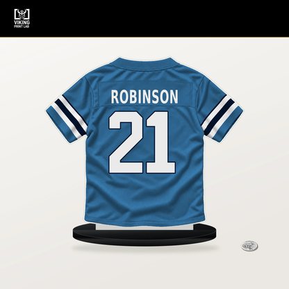 Micah Robinson number 21 Tennessee Titans jersey stand with included black base.